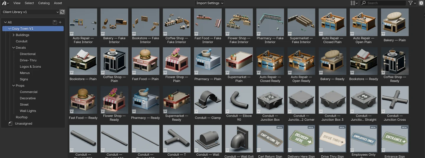 Real Blender Asset Browser showing Cozy Town buildings, props, conduit elements and decals in the Asset Library.