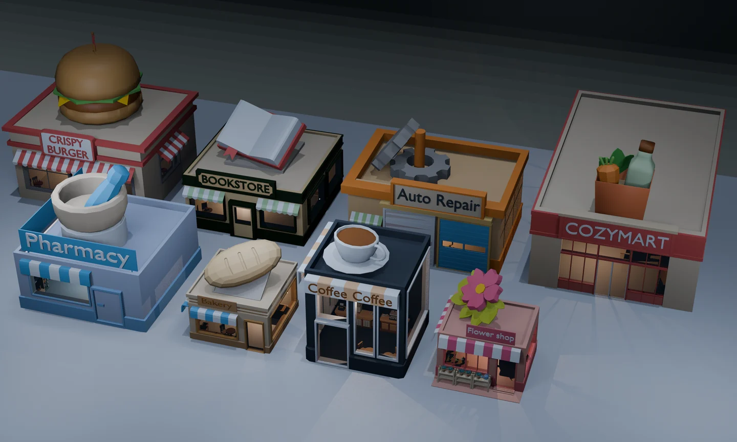 Overview of the eight Cozy Town commercial building designs.