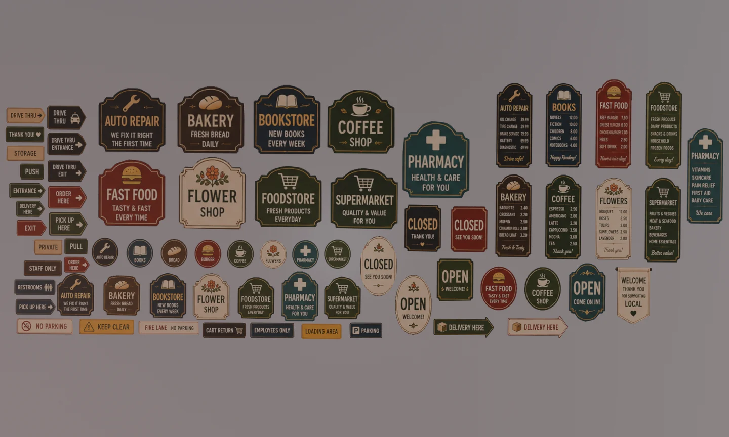 Collection of included shop logos, menus, directional signs and other decals.