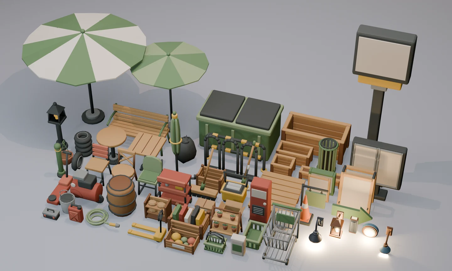 Broad collection of included exterior props, furniture, street details, containers, signs and lights.