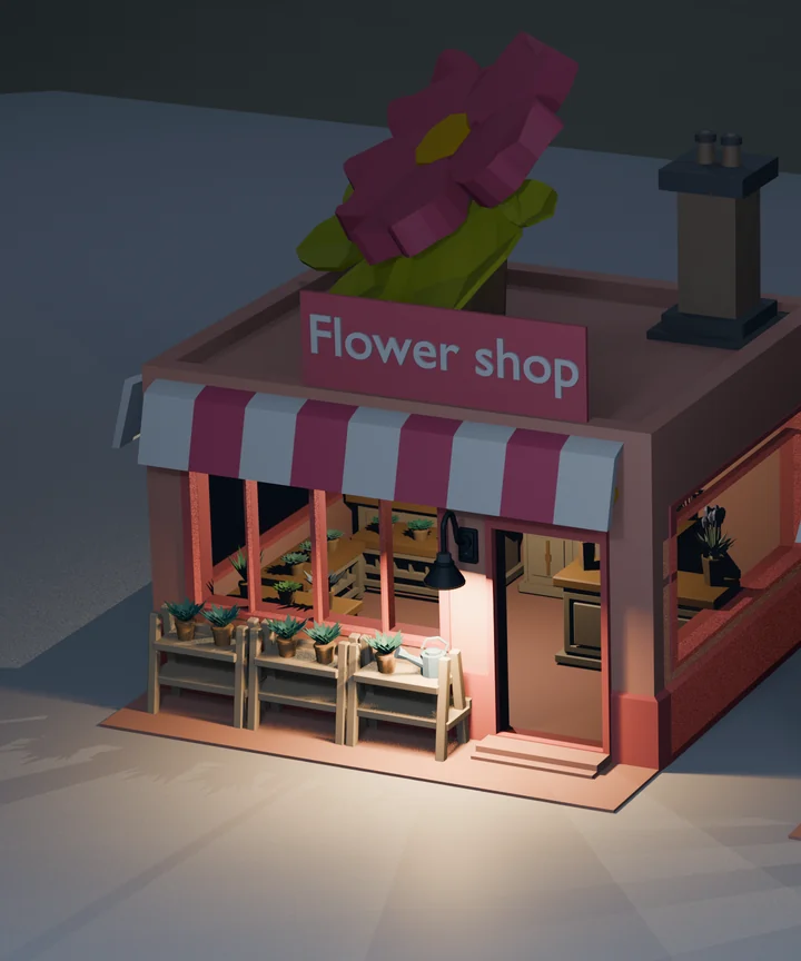 Ready Flower Shop building with selected rooftop, conduit, wall-light and exterior details already arranged.