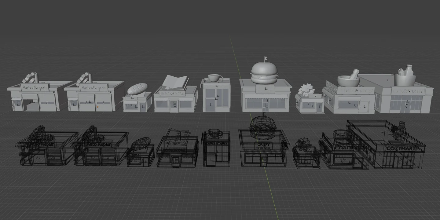 Technical comparison showing all eight commercial buildings in solid and wireframe views inside Blender.