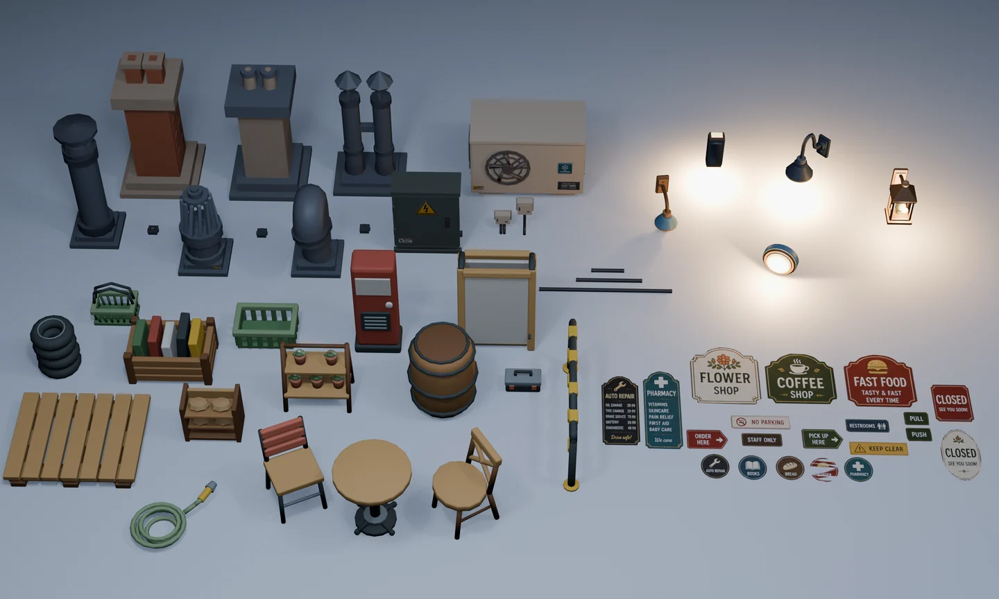 Overview of included rooftop parts, conduit, lights, exterior props and shop decals.