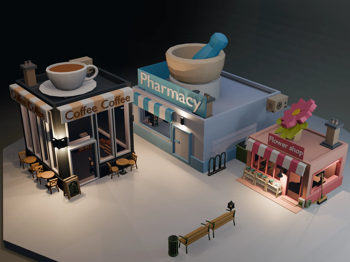 Coffee Shop, Pharmacy and Flower Shop buildings shown with included exterior props.